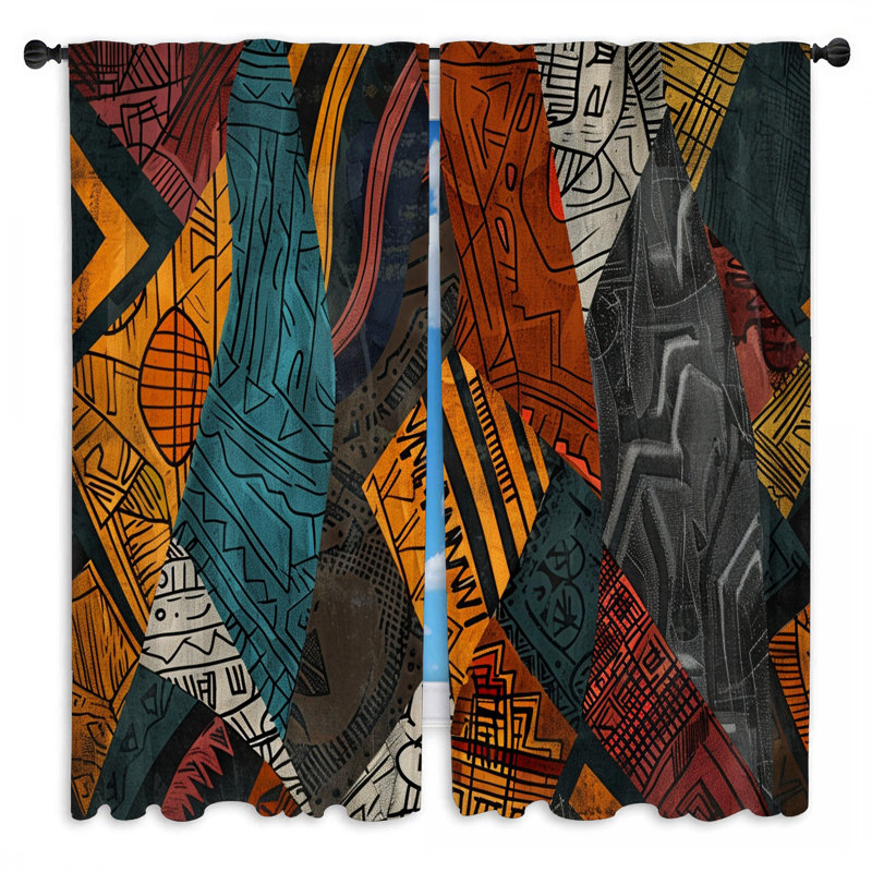 Rideaux de fenêtre à formes abstraites, drapeaux bohémiens abstraits - 2 panneaux, L 40 po x L 82 po