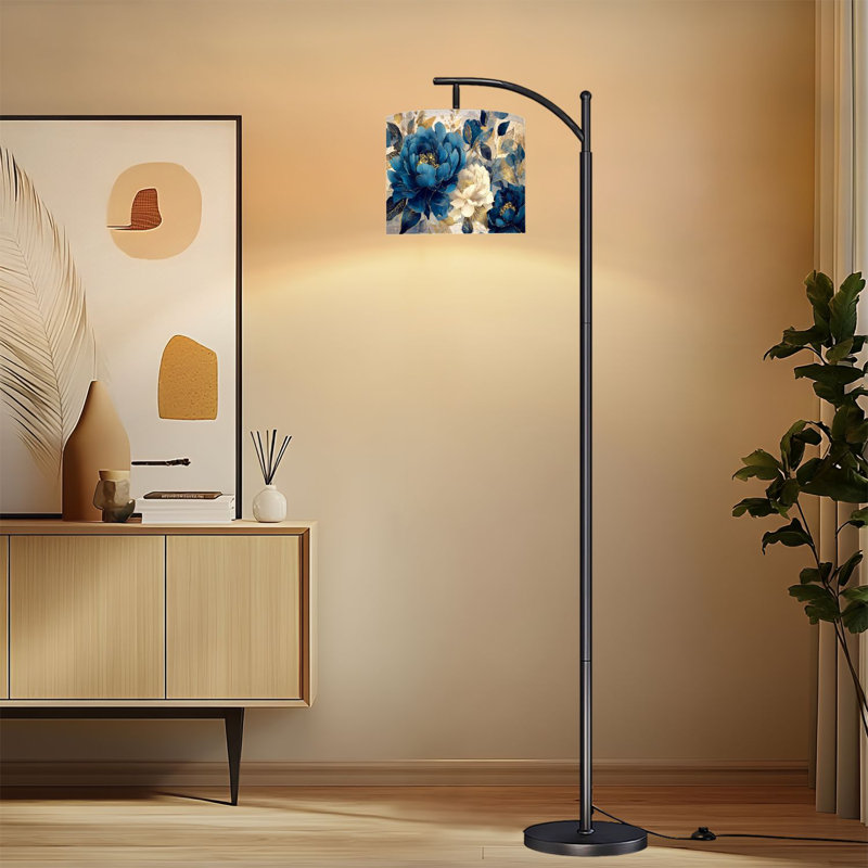 Lampe sur pied à arc avec télécommande Boho Floral Design pivoines bleu marine Lampe sur pied dorée 3 couleurs à intensité variable avec interrupteur au pied pour coin lecture