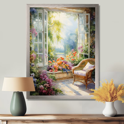 Orange et vert, fenêtre française vue III - fenêtre, art mural sur toile