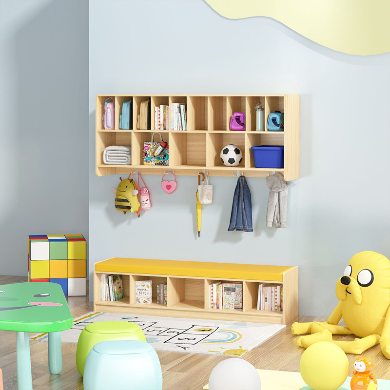 Armoire de rangement murale de classe avec banc, armoire de rangement à 15 compartiments avec siège de rangement