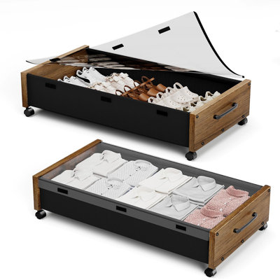 Under Bed Storage with Wheels, Extra-large Rolling Under the Bed Storage Bins with Removable Lid, Upgrade Metal Under Bed Drawers for Clothes Shoes Blankets in Bedroom, 2 Pack, (Walnut Brown)