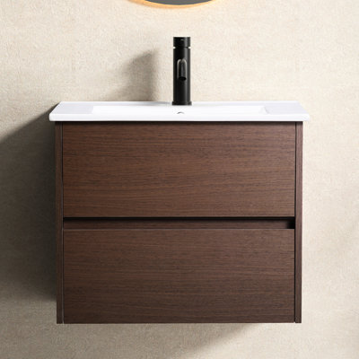 Lavabo et meuble-lavabo de salle de bain flottant 24 po 24 po, vasque en céramique à rayures, surface en marbre de culture pour résister aux taches, meuble-lavabo de 24 po de largeur 18,71 po avec rangement en contreplaqué, porcelaine cuite au 1280c, lisse