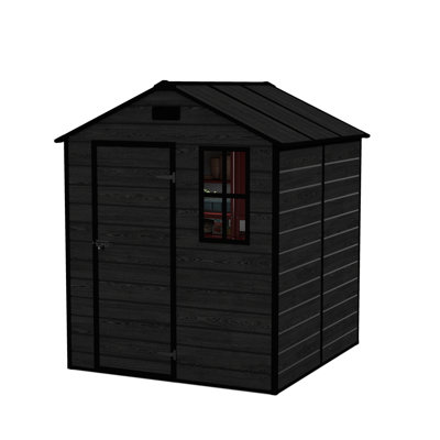 Campcraft 6*6Ft Resin Storage Shed, High Quality Pp Material, Strong Structure, Waterproof, Rust And UV Proof, Large Storage Space, 12Mm Thick Pp Board, HD Window Lighting Black Wood Grain Color