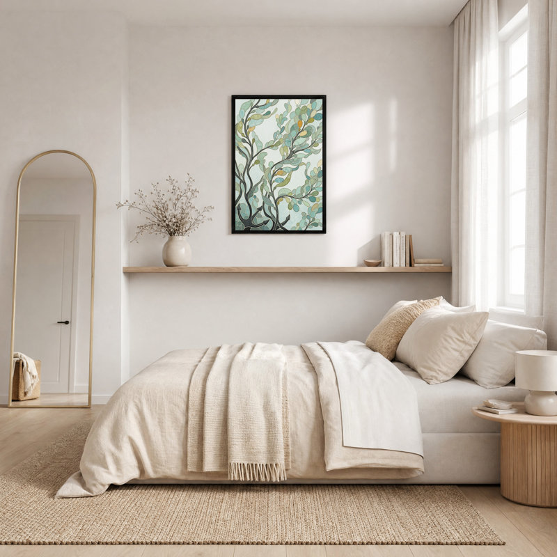 Tableau sur toile représentant des branches d'arbre en vitrail turquoise et vert, H 24 po x l 16 po