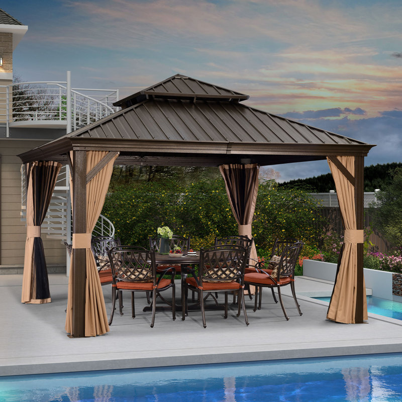 Pavillon de jardin pourpre avec toit rigide 12 pi x 12 pi avec filet et rideaux