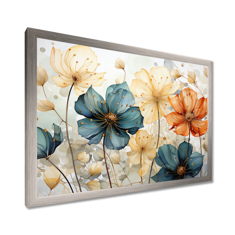 «Teal Orange Petal Mosaics I», art mural abstrait botanique pour le salon, H 30 po x l 40 po, Cadre photo unique