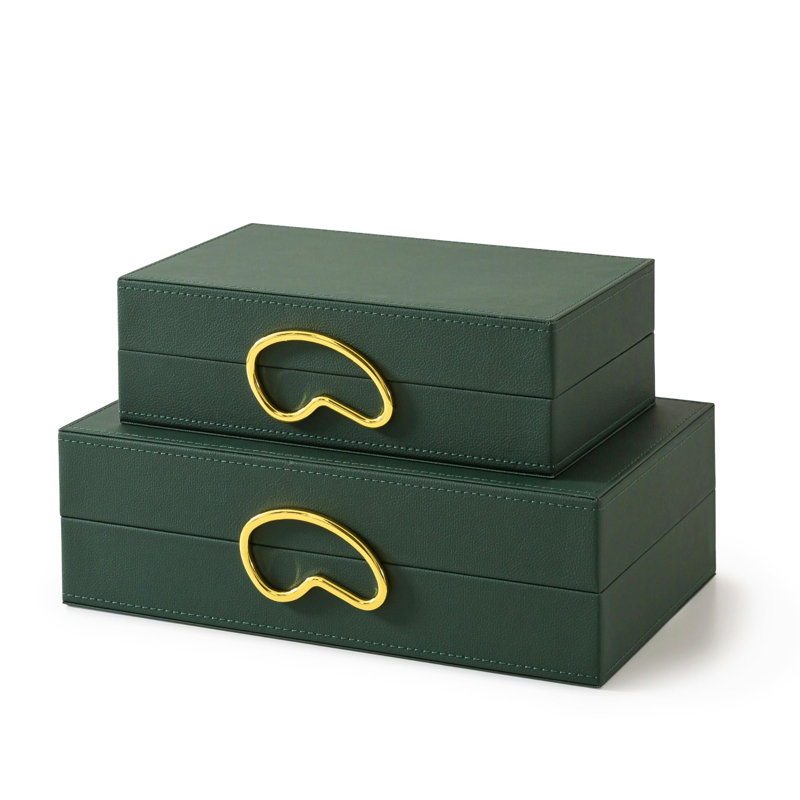 Boîtes décoratives en similicuir avec couvercles pour la décoration intérieure, ensemble de 2 boîtes à charnières empilables pour table basse et tablettes de salon, support de télécommande emboîtable, vert forêt