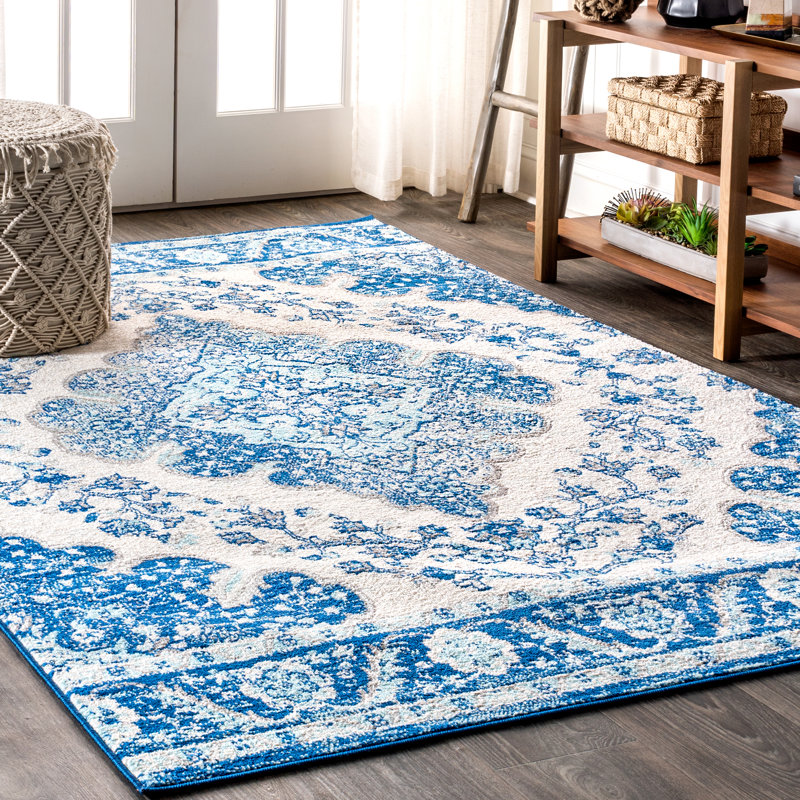 Lathan Bohemian FLAIR Boho Vintage Medallion Cream/Blue Rug, Rectangle 5'3" x 7'7"
