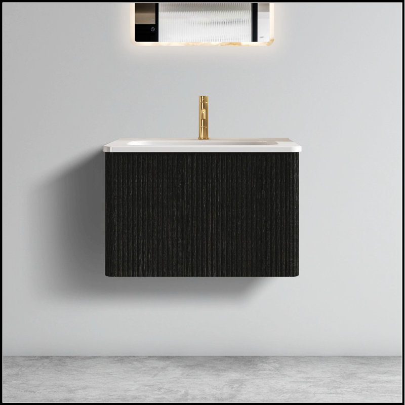 Meuble-lavabo flottant rayé en chêne noir brossé 24 po avec lavabo en céramique blanche, design moderne pour des salles de bain élégantes