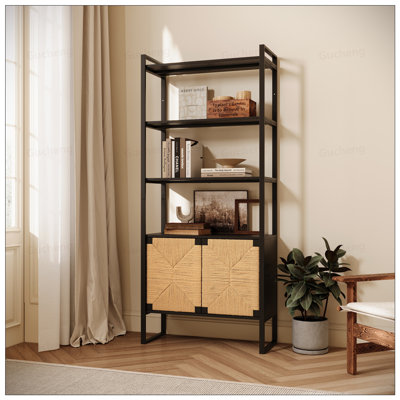 Bibliothèque à porte d'armoire en rotin naturel, présentoir à double fonction et rangement fermé pour le salon et le vestibule