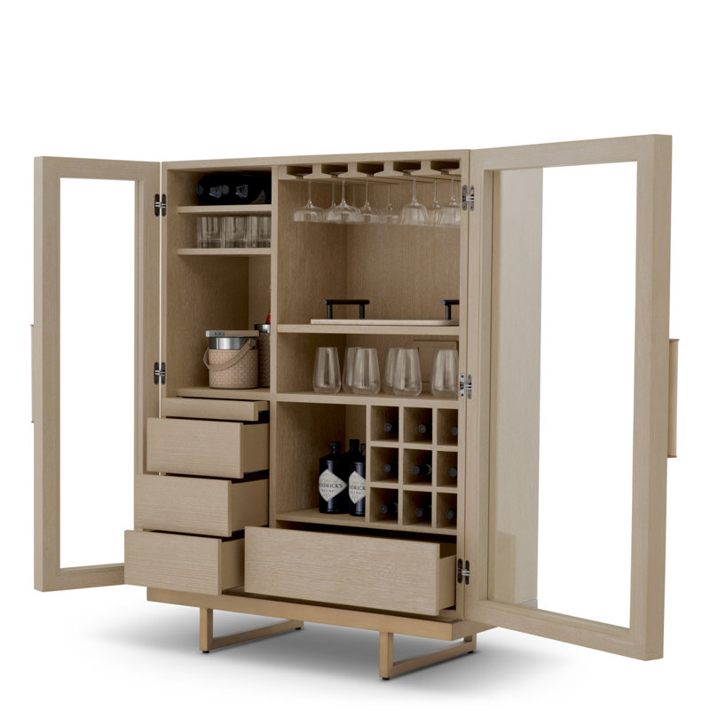 Connaught Solid Wood Bar Cabinet, Washed Oak/Brushed Brass