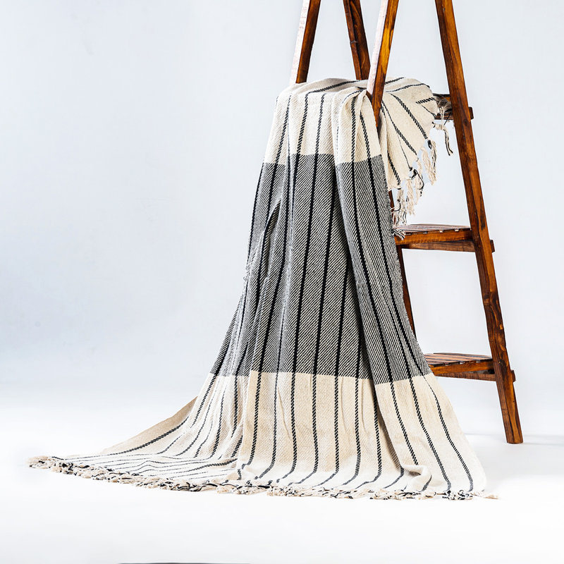 Black and Ivory Recycled Cotton Oslo Throw Blanket with Fringes