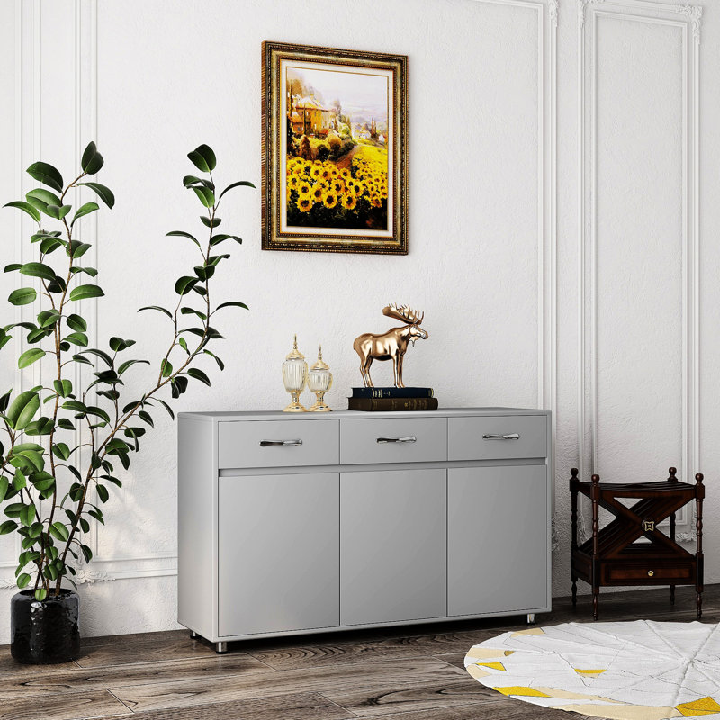 Three Doors Grey Storage Unit With Ample And Stylish Design Side Table In Grey, E1 Smooth Drawer Slides
