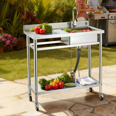 Stainless Steel Utility Sink, Rolling Single Bowl Commercial Kitchen Sink with Wheels, Faucet and Hot & Cold Water Pipe, Utility Basin Workbench for Garage Restaurant Laundry 39.4 x 19.7 x 41.5 in