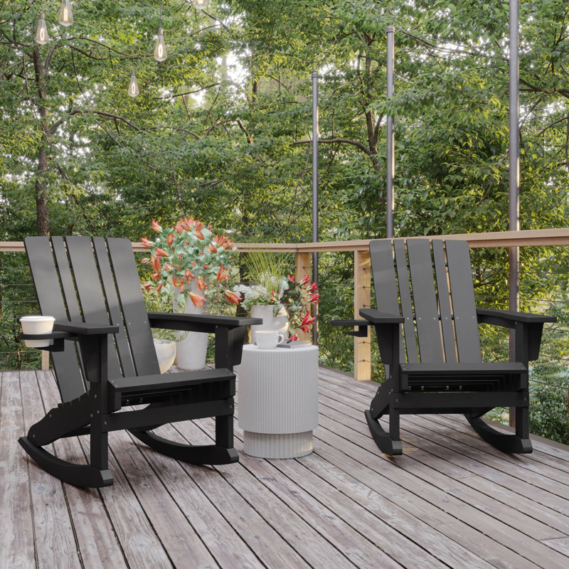 Chaise Adirondack berçante commerciale toutes saisons Balynda avec porte-gobelet pivotant, gris