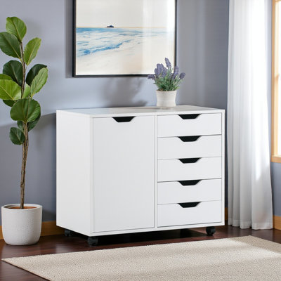 Holthaus Multi Storage Mobile Cabinet With 5-Drawer in White Finish, 26.03" H X 30.41" W X 15.85" D