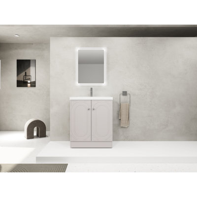 Bathroom Vanity 30" With Resin Washbasin. Modern Look. Soft-Close Cabinet. Adjustable Shelf. Metal Handles. Plywood. Khaki Beaming Sink. Contemporary Door Dresser. Handle Options. Flair