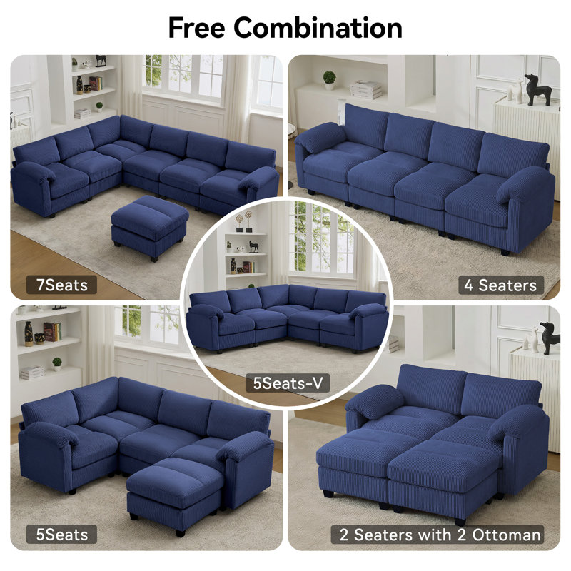 Causeuse modulaire de 61 po avec 2 repose-pieds, accoudoirs coussinés et coussins en velours côtelé, Bleu