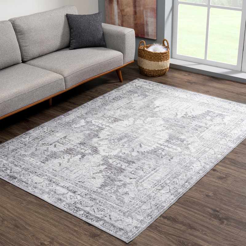 Tapis lavable Bloom Rugs - ivoire / gris argenté, pour le salon, la chambre à coucher, la salle à manger et la cuisine