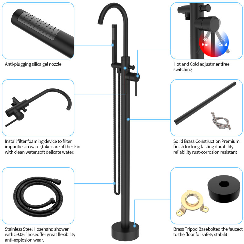 Robinet de baignoire à fixation au sol avec douche à main, Noir mat