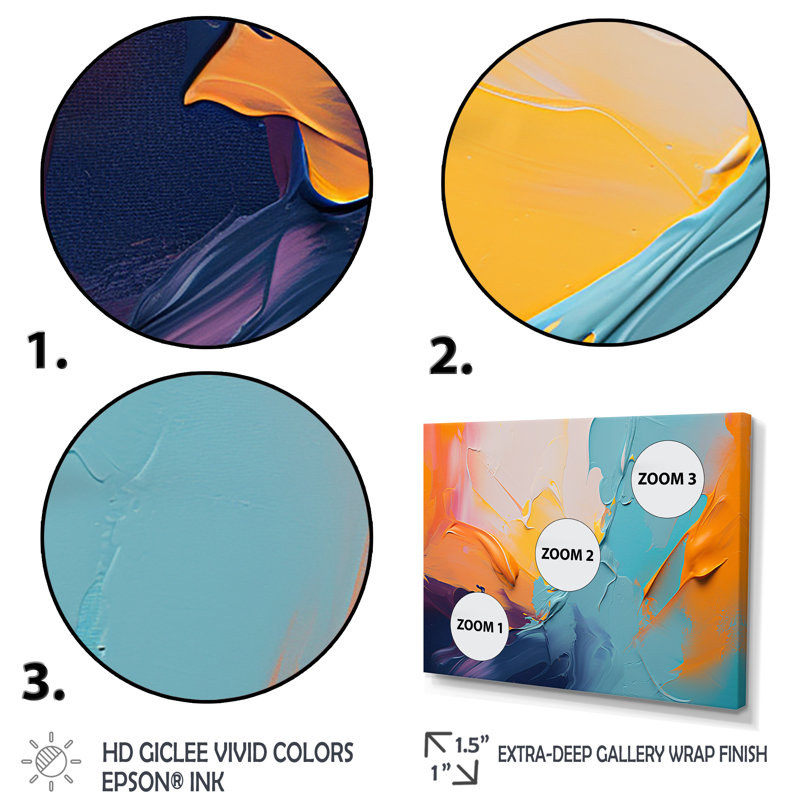 «Blue and Orange Paint Expression 1», art mural abstrait, H 12 po x l 20 po x P 1 po, Cadre flottant noir