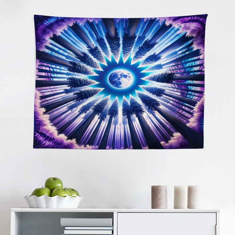 Wrought Studio Trippy Wall Hanging Tapestry Indigo Outer Space Moon Art Pale Fuchsia Sea Blue, H 30 po x l 45 po