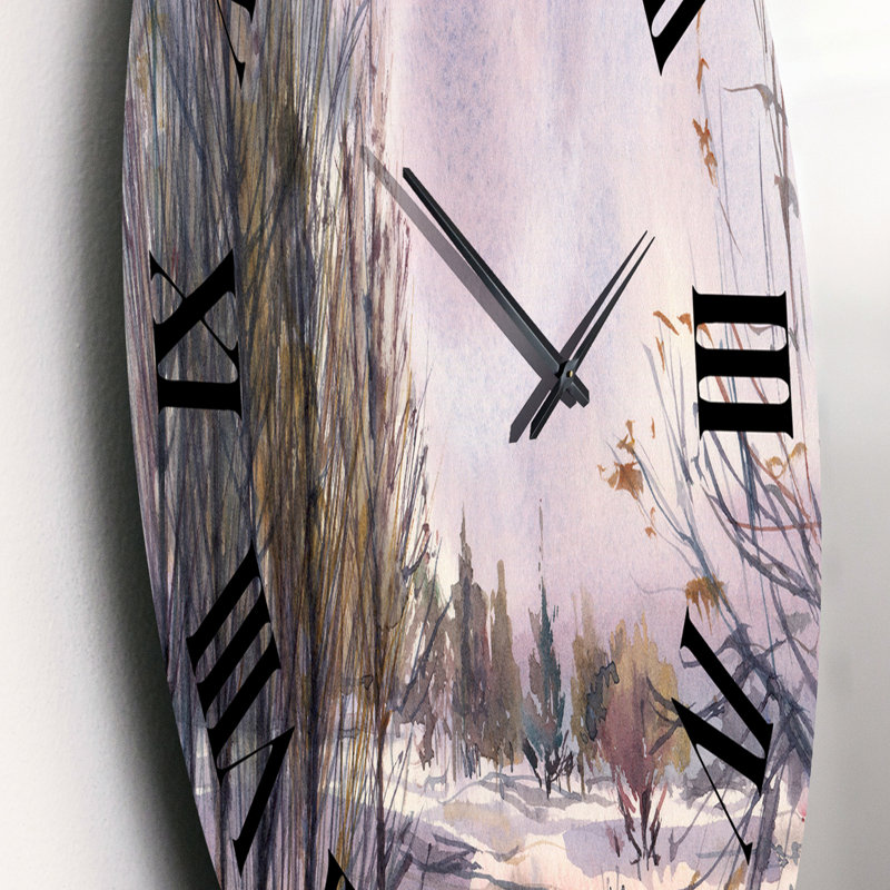 Paysage d'hiver avec des tons de neige mauves - Horloge murale traditionnelle, Petit
