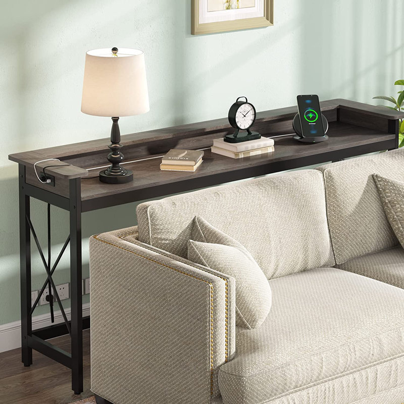 71" Console Table with Charging Ports, Gray/Black