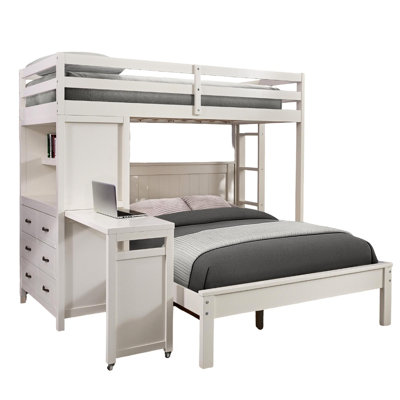 Contemporary Twin Over Full Bunk Bed With 3 - Drawer Cabinets, Open Shelf, Built In Desk And Attached In White For Bedroom Furniture Style Decor