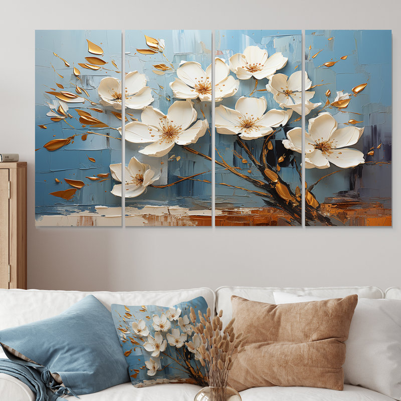 Orchidée bleue et blanche Golden Of Branches IV - Ensemble d'art mural 4 pièces, H 28 po x l 48 po