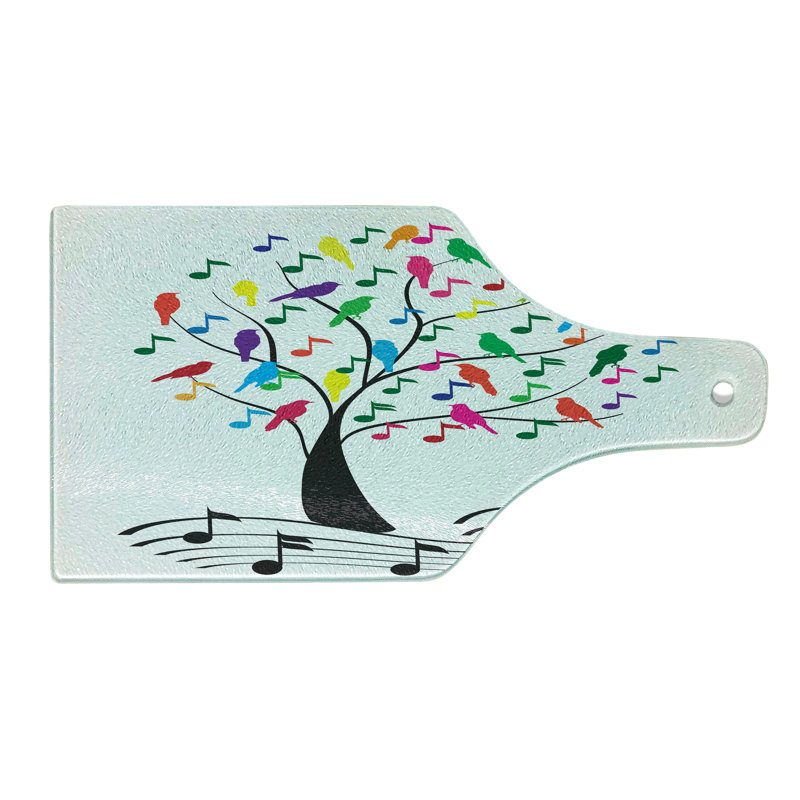 Ambesonne Music Tempered Glass Cutting Board Tree with Notes Happiness Multicolor