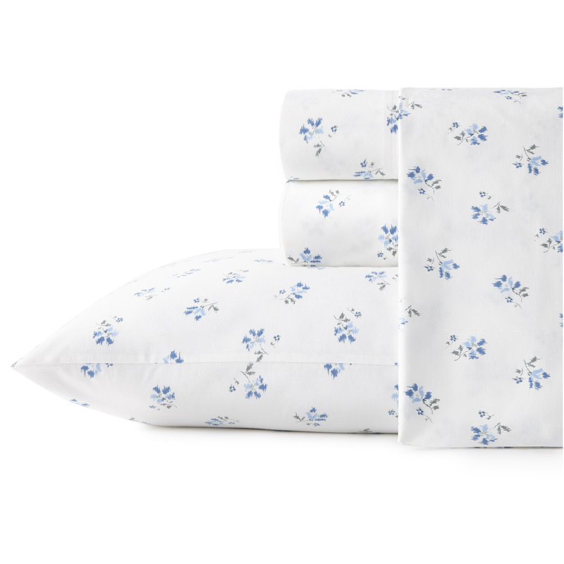 Queen Blue Floral Cotton Percale Deep Pocket Sheet Set