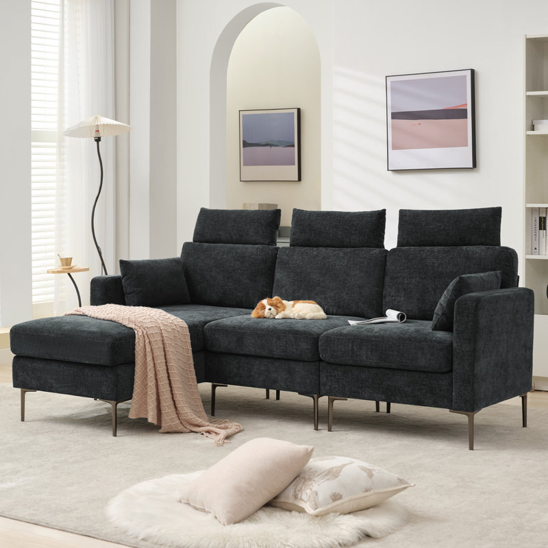 Canapé modulaire en L 3 pièces 89 po Chenille, Chenille gris foncé