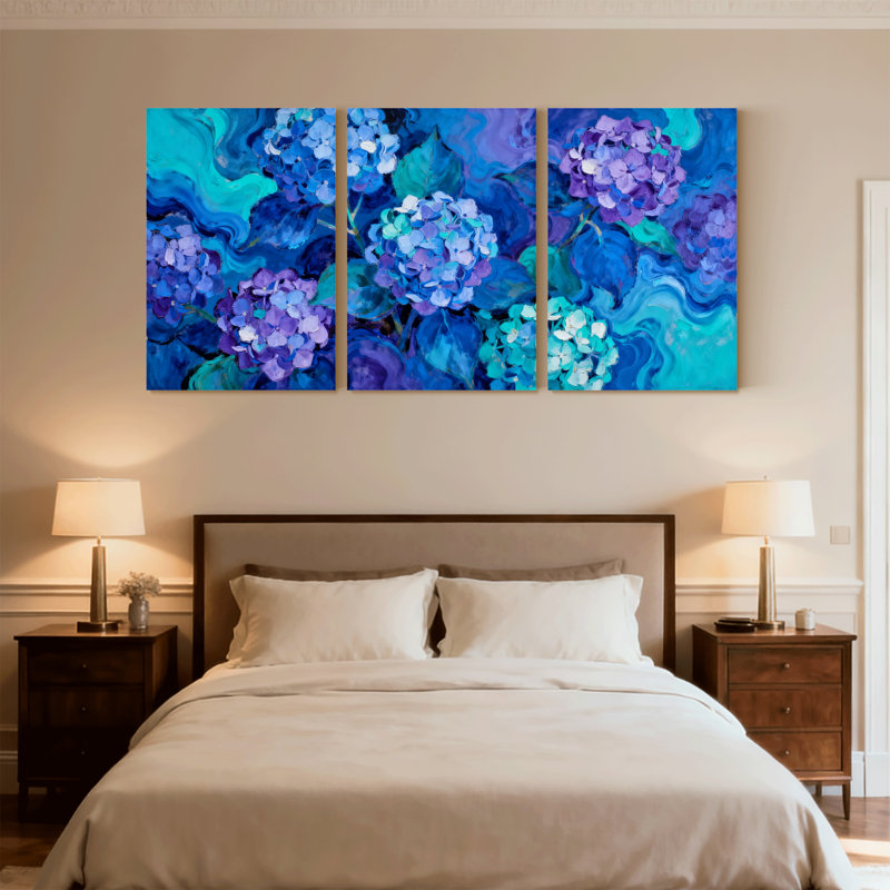 Plantes et fleurs, hortensias, ensemble de 3 reproductions d'art sur toile, H 24 po x l 48 po