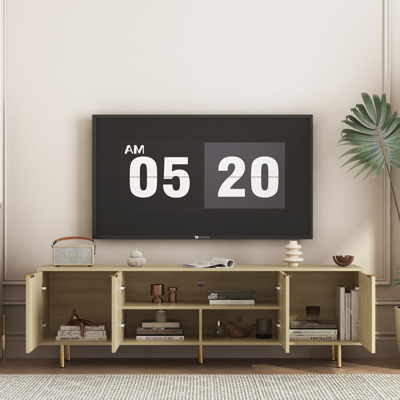 68" Wood Fluted Modern TV Stand, Entertainment Center with Storage Doors for 55+ Inch TVs in Living Room, Oak
