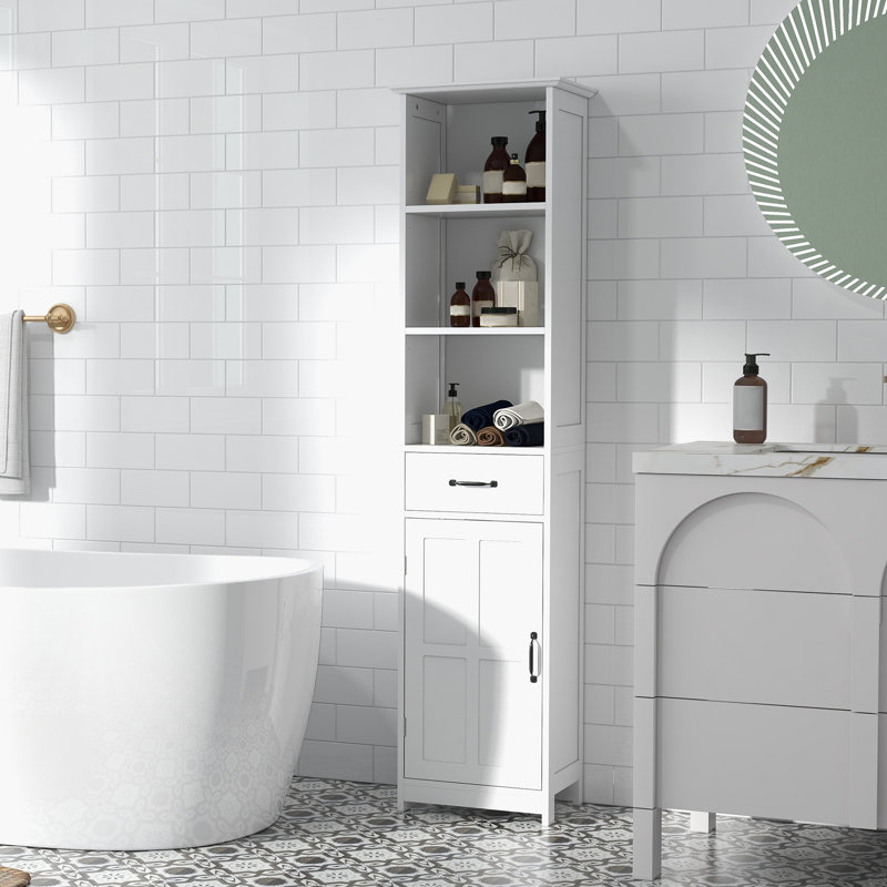 Armoire de rangement pour salle de bain, grande armoire de salle de bain, tour à linge avec 3 tablettes ouvertes, tiroir, porte encastrée et tablette réglable