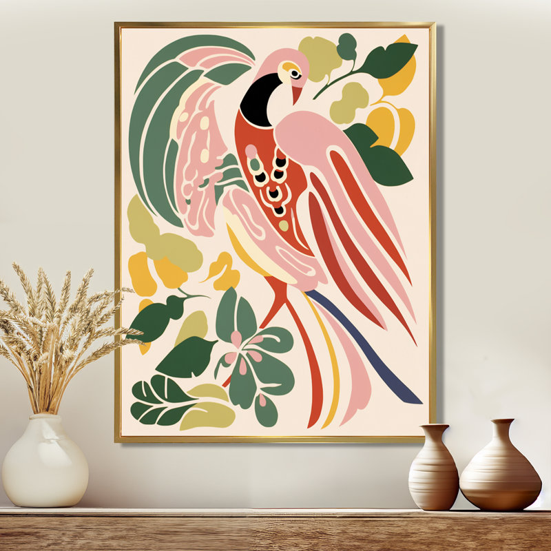 Illustration de paon rose - impression d'art mural paon, Toile avec cadre flottant or, H 40 po x l 30 po x P 1,5 po