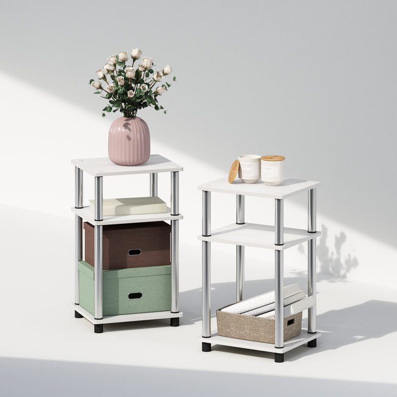 34.04cm W Bedside Table, Stainless Steel, White Oak