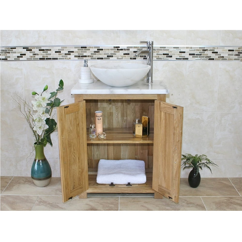 Cowen 650mm Single Bathroom Vanity with Vessel St1 Basin, White Marble, White Marble, Light Wood
