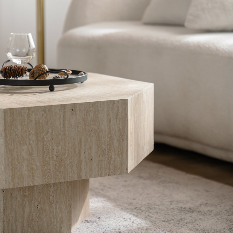 Table basse en bois 30,5 po de style octogone tambour moderne en travertin beige pour le salon et la chambre à coucher