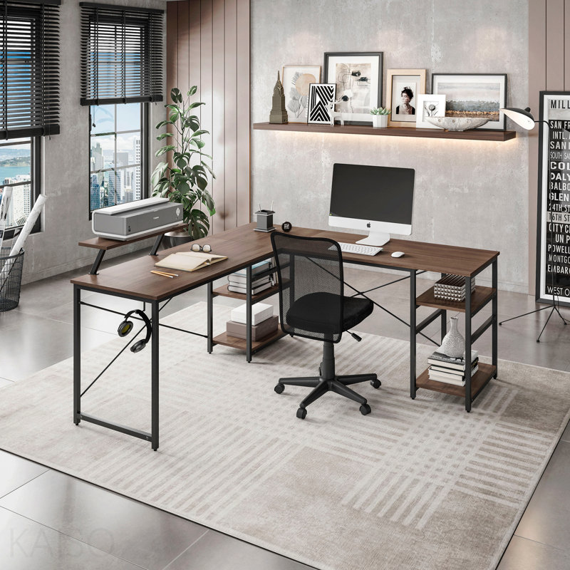 Bureau industriel en L avec tablettes de rangement, noyer