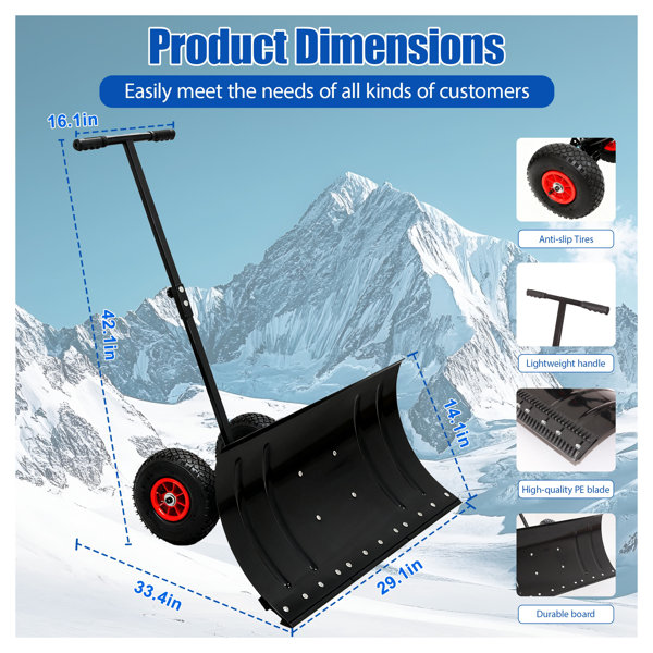 Wayfair Removal godohome 30 Inch Wide Metal Snow Pusher with Wheels, Adjustable Height ...