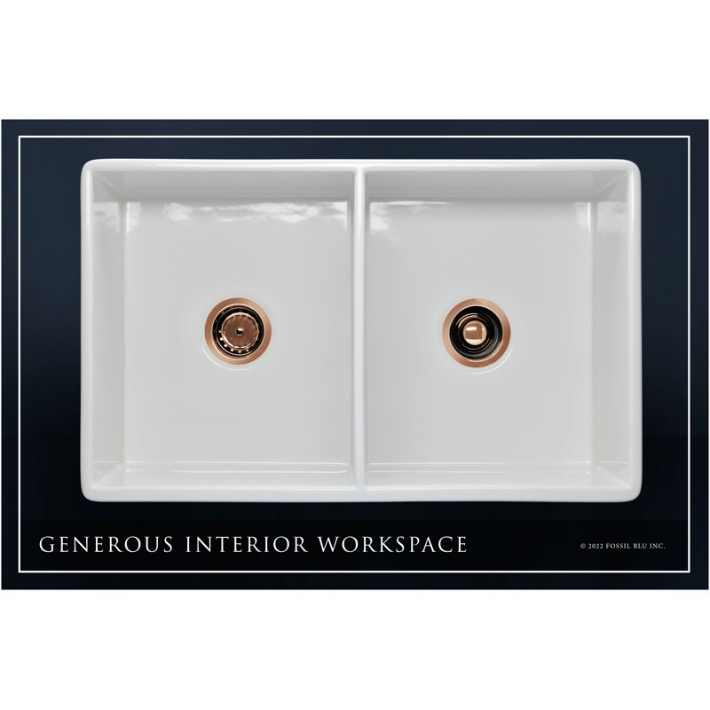 32.75" L x 19.88" W Double Basin Farmhouse Kitchen Sink with Accessories, Polished Rose Gold Accessories