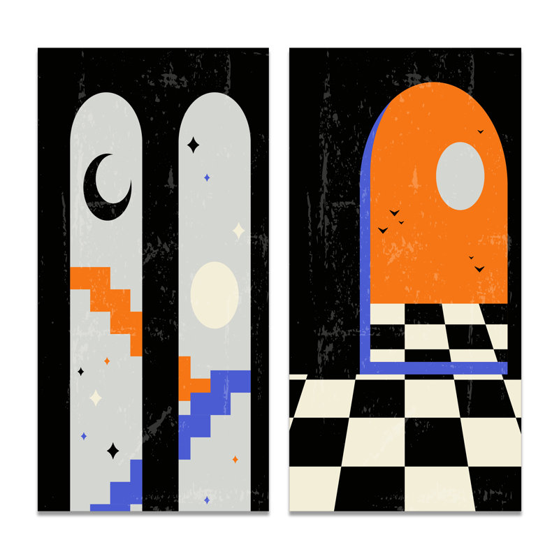 "Graphic Vintage Minimal Architecture VI", ensemble de 2 peintures, Toile tendue, H 32 po x l 32 po x P 1 po