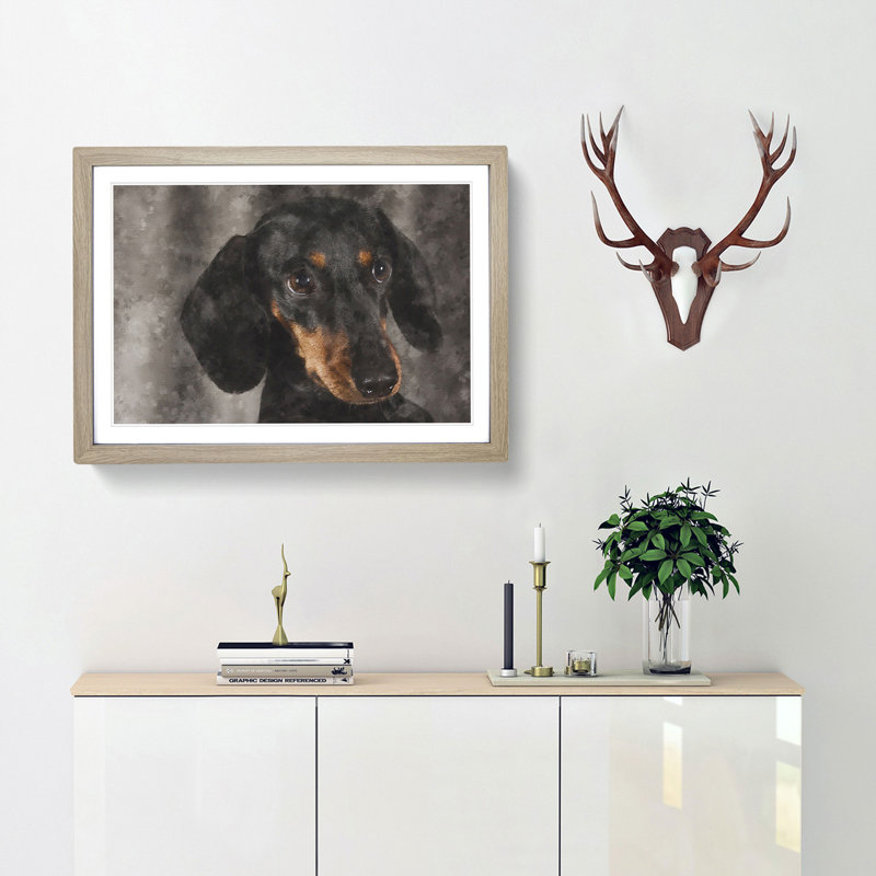 Portrait of a Dachshund Dog - Picture Frame Painting Print, 24cm H x 33cm W x 2cm D, Oak Framed