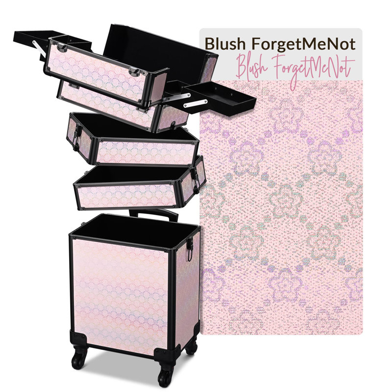 Hokku Designs 4in1 Rolling Makeup Train Case Cosmetic Organizer, Blush ForgetMeNo