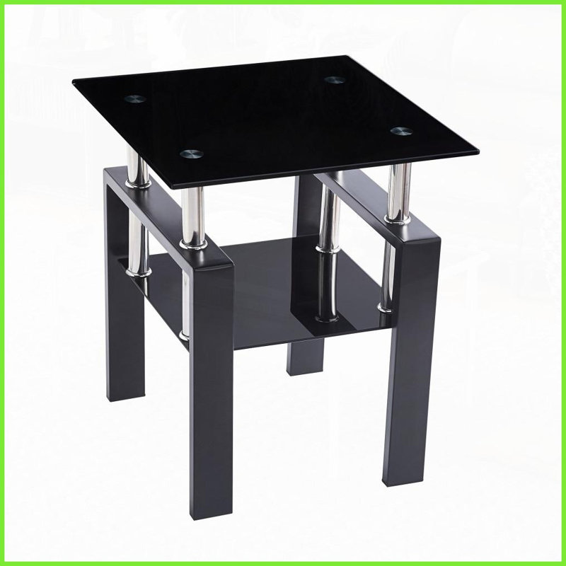 Table basse en verre trempé noir avec pieds en métal pour le salon, facile à nettoyer, H 20,47 po x l 17,71 po x P 17,71 po