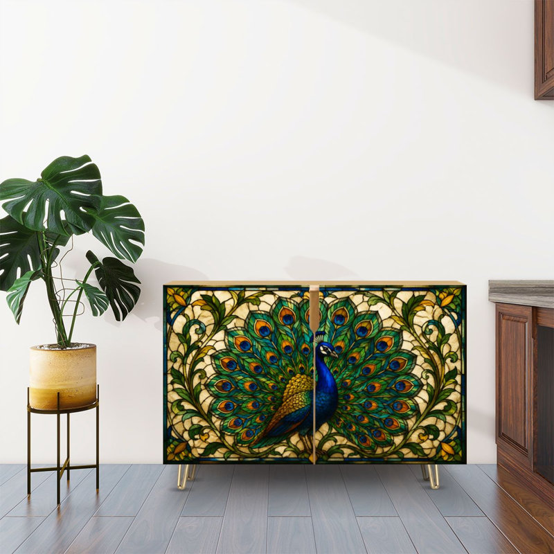 Buffet Buffet avec rangement Peacock Vitrail Imprimé Vitrail Plumes Vibrantes Détails Floraux avec 2 Portes pour le Salon et la Cuisine