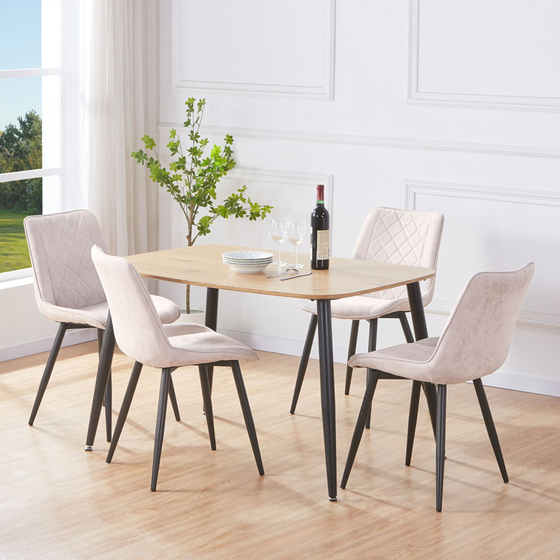 Aspen Rectangular Dining Table with 4 Diamond Stitch Upholstered Fabric Chairs - Modern Dining Set, Natural, Light Oak