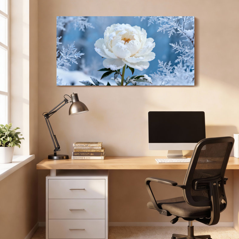 Ensemble de 1 tableau sur toile tendue représentant une pivoine et des flocons de neige, thème hivernal., H 20 po x l 40 po